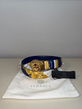 VERSACE Medusa Barocco Belt Blue/Gold Mens Size 75
